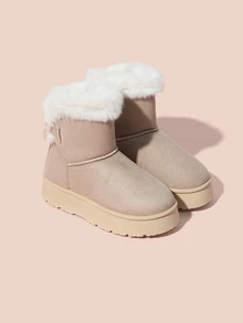 Hatastic 2025冬季新款时尚女式保暖蝴蝶结加厚底防滑雪地靴圣诞礼物 - 米色 - 查看 2