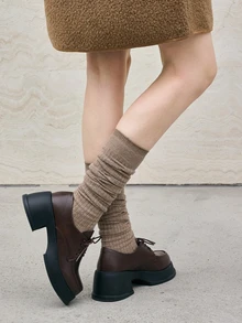 Hatastic 2025新款棕色高跟厚底英式校服风格真皮乐福鞋，圆头玛丽珍鞋，百搭圣诞礼物 - 棕色 - 查看 3