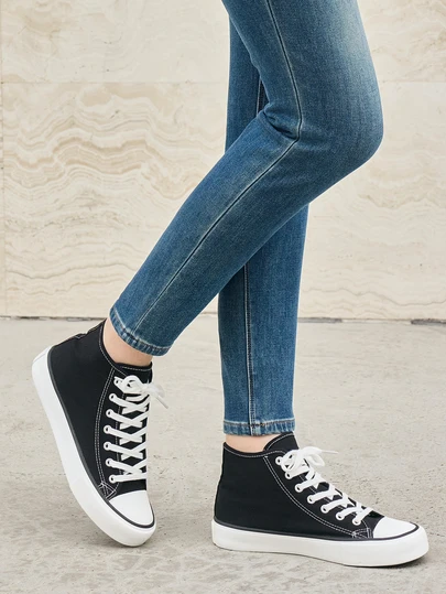 Hatastic 简约时尚平底黑白帆布高帮鞋，春秋季百搭女鞋，圣诞礼物