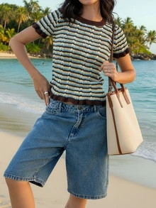 SEREN 夏季新款圆领条纹撞色短袖针织T恤，修身休闲街头通勤风套头薄款上衣，Y2K街头风，复古