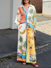 女士秋季服装，波西米亚风度假两件套，时尚个性印花休闲套装，适合通勤、日常穿着、户外活动