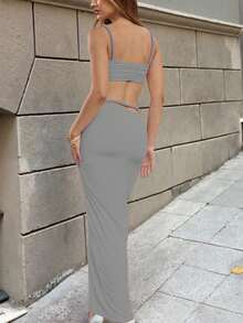 女士性感露背吊带背心和百褶长裙套装，夏季度假装 - 灰色 - 查看 2