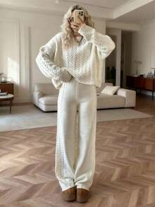 Women's Fashion Thick Knit Sweater And Pants Set, Casual Ribbed Knit 2 Pieces Outfit For Autumn/Winter, Slightly Stretchy Fabric - Apricot - View 2