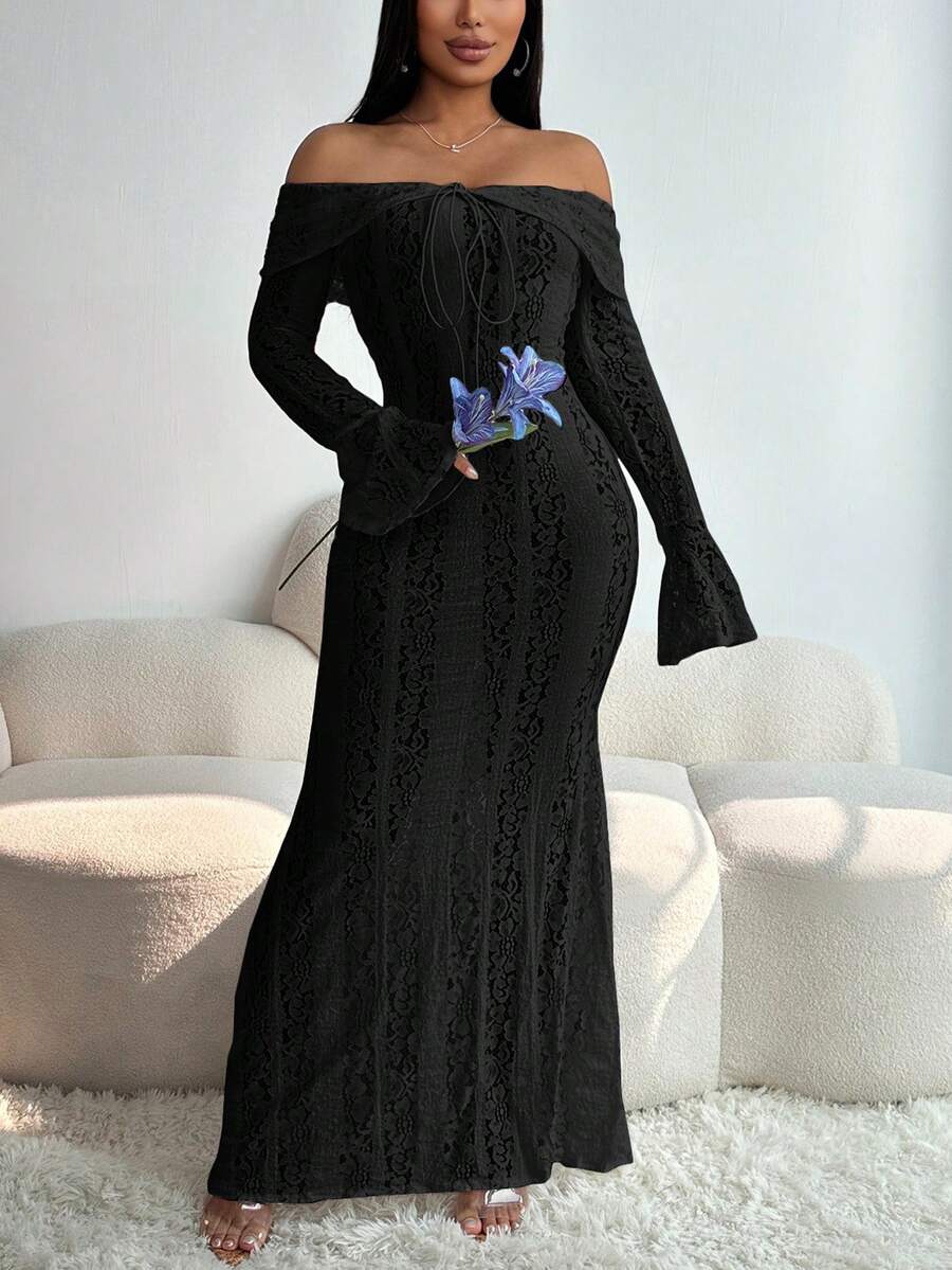 1 件女式露肩长袖蕾丝镂空紧身美人鱼连衣裙，性感街头风格 - 黑色 - 查看 1