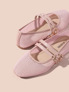 Hatastic ADAMUMU 女士镂空网眼芭蕾平底鞋，轻盈网眼面料，双优雅搭扣，贴心镂空设计，舒适透气，时尚礼物，音乐节之选 - 粉色 - 查看 5