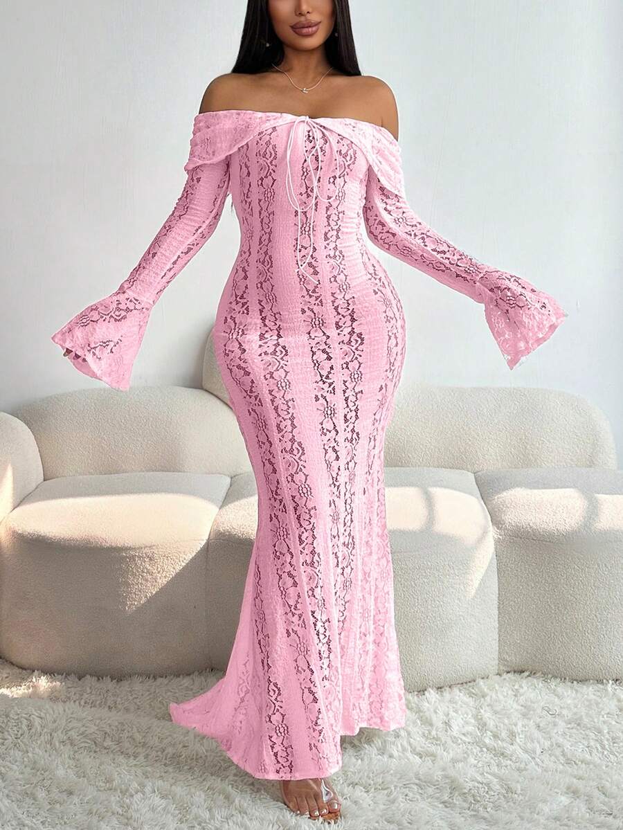 Street Sexy Lace Cutout Off Shoulder Tie-Up Long Sleeve Mermaid Bodycon Dress - Pink - View 1