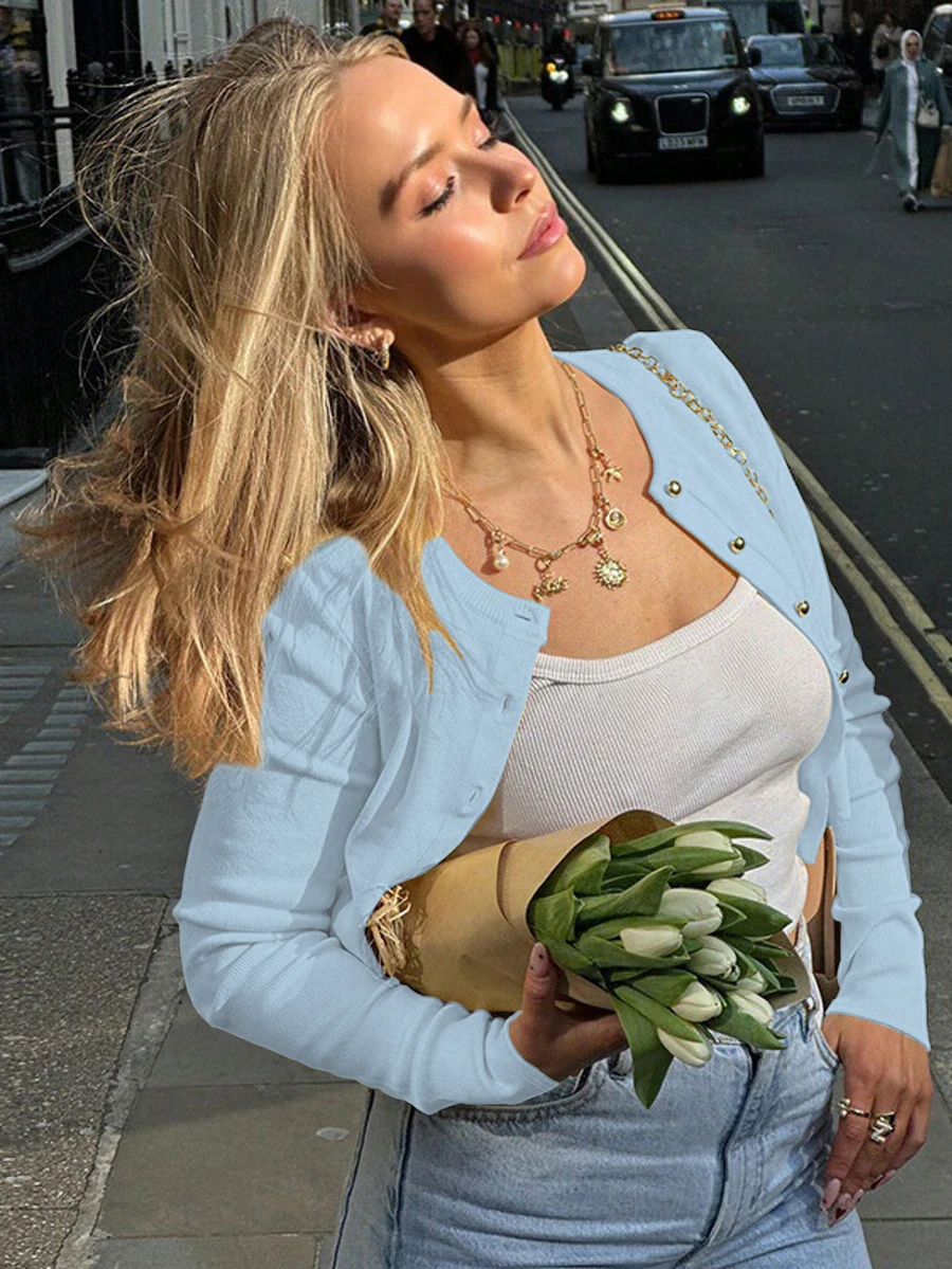 时尚街头风纽扣开衫，纯色修身长袖上衣，春季款 - 藍色 - 查看 1