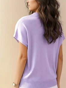 Luxury Loose Knit Sleeveless Top, Women Short Sleeve T-Shirt Casual Plain Camisole Summer - Mauve Purple - View 2