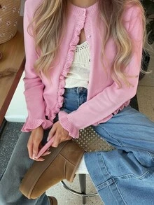 Knit Mix Elegant Women's Cardigan, Thick Knit Sweater Jacket In Romantic French Style For Christmas & New Year, Cute Round Neck Pullover - Pink - View 3