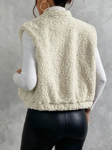 Women's Soft Teddy Fur Sleeveless Vest, Zip-Up Cardigan Jacket With Pockets, All-Match Casual Versatile Outerwear, Spring/Autumn - Beige - View 2