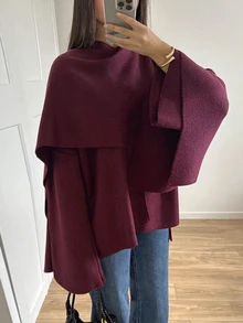 时尚纯色宽松罗纹斗篷不对称/不对称休闲保暖夹克，秋冬针织开衫