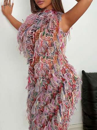 Colorful Striped Fringe Detail High Waist Long Dress For Women