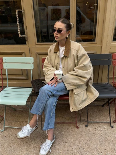 Plus Size Women's Clothing - 2026 Spring/Summer New Vintage Casual Fashion Loose Contrast Color Corduroy Collar Windbreaker Jacket