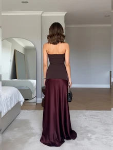 Vestido de mujer de unicolor, de tela popelín de contraste, sexy, informal, de vacaciones, elegante y de fiesta, sin tirantes