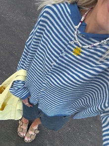 女士简约蓝白条纹休闲开衫，时尚返校风，适合秋冬日常通勤 - 藍白色 - 查看 2