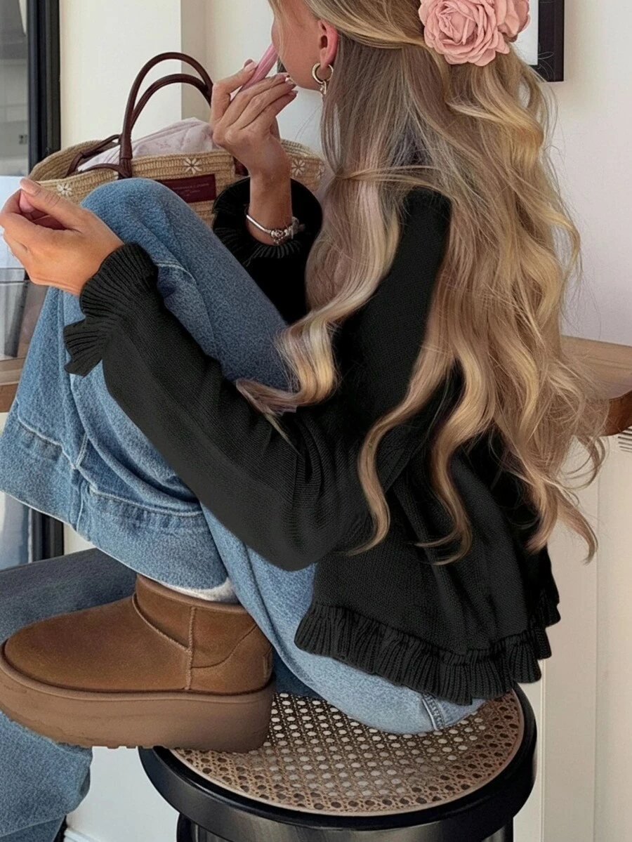 Knit Mix 优雅女士开衫，厚针织毛衣外套，浪漫法式风格，适合圣诞节和新年穿着，可爱圆领套头衫，黑色 - 黑色 - 查看 1
