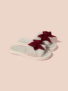 Hatastic Dép bông mềm mại ấm áp cho nhà ở, dép lông có nơ, dép hở mũi phù hợp cho mọi mùa, xuân hè thu đông, quà tặng lễ hội âm nhạc. - Màu Đỏ Sâu - Xem 3