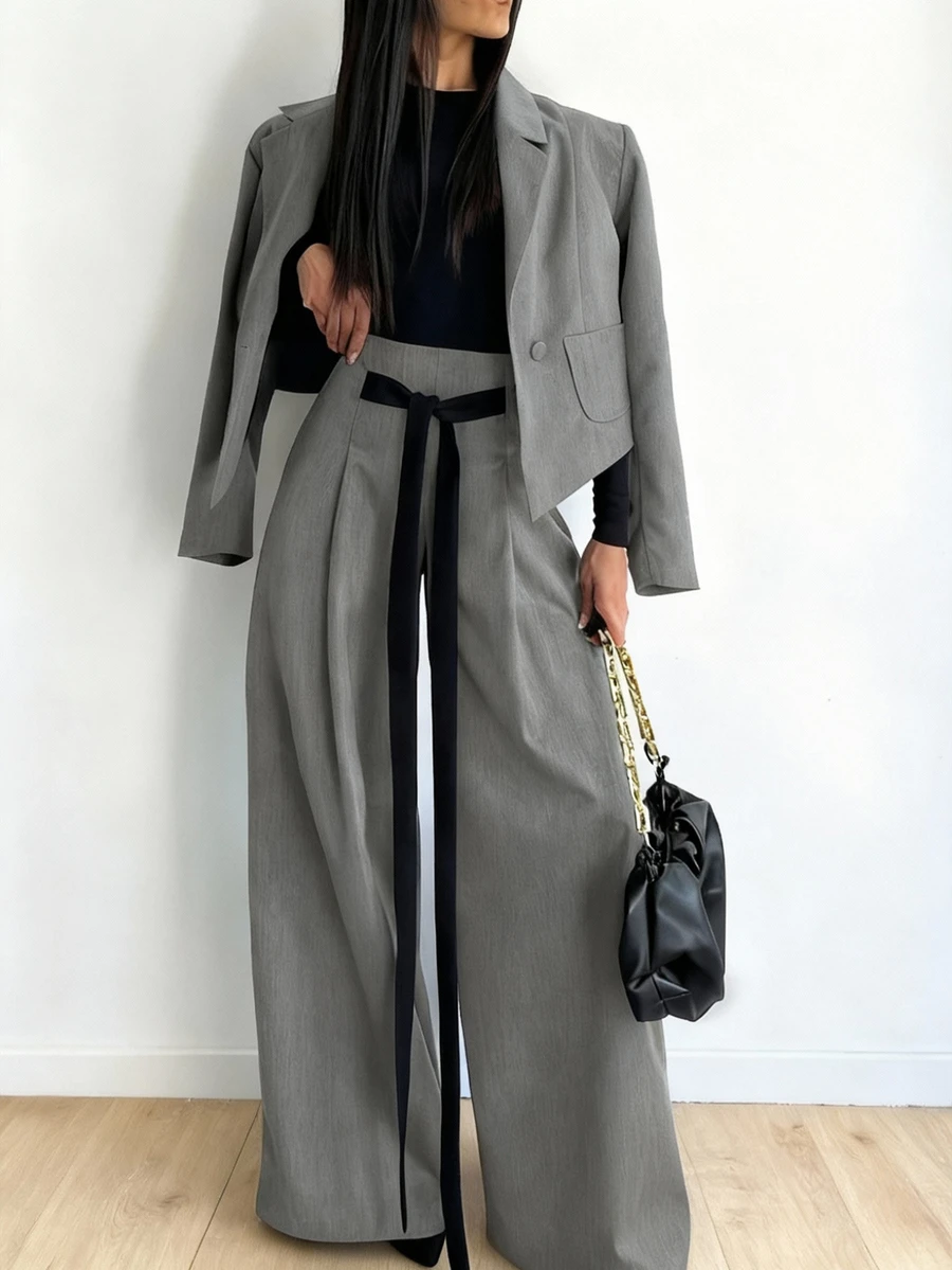 2026 New Women's Suit, Elegant Commuter Style Loose Retro Design Short Jacket With Tie Waist And Wide Leg Pants Two Pieces Set, Solid Color Spring - Grey - View 1