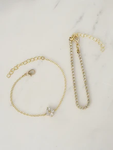 Clariva Bộ 2 vòng tay đính hạt đá Cubic Zirconia hình hoa kèm chuỗi pha lê hai lớp, thích hợp cho phụ nữ sử dụng hàng ngày, hẹn hò, tiệc tùng, dịp xã giao làm quà tặng Giáng sinh - Vàng - Xem 3