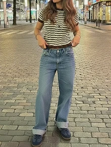 SEREN 夏季新款圆领条纹撞色短袖针织T恤，修身休闲街头通勤风套头薄款上衣，Y2K街头风，复古