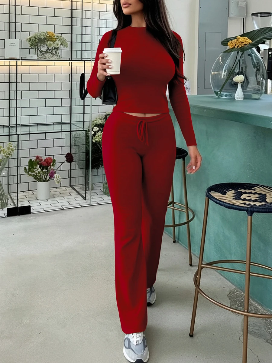 Women's Fashion Cropped Long Sleeve Top And Tie-Waist Flare Pants Sporty Set, Spring - Red - View 1