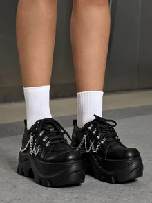 DareSee 女士朋克风系带金属孔眼厚底休闲运动鞋，百搭商务鞋，圣诞礼物 - 黑色 - 查看 5