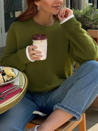 Knit Mix Elegant Women's Fashion Knit Sweater, Casual Loose Crew Neck Pullover, Long Sleeve Drop Shoulder Top, Suitable For Autumn/Winter, Also Suitable For Christmas, Thanksgiving And New Year