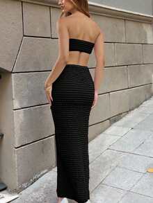 两件套性感露脐吊带背心和高腰系带紧身长裙，黑色夏季款 - 黑色 - 查看 2