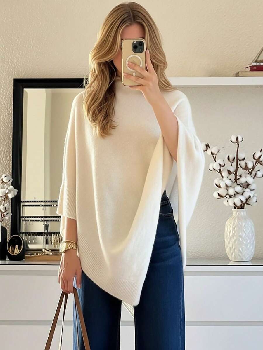 2025 Simple Comfortable Shawl Top, Elegant And Dignified, Spring/Autumn Fashion Elegant Loose Knit Shawl Top, Women, Loose Fit, Lightweight, Autumn, Casual Travel Beach Versatile Style - Beige - View 1