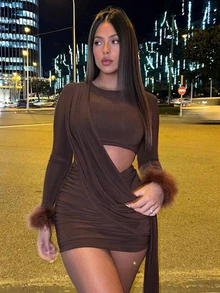 秋季性感紧身迷你连衣裙，毛绒袖口拼接镂空设计，优雅春季款 - 棕色 - 查看 3