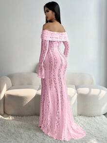 Street Sexy Lace Cutout Off Shoulder Tie-Up Long Sleeve Mermaid Bodycon Dress - Pink - View 2
