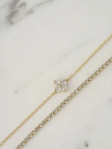 Clariva Bộ 2 vòng tay đính hạt đá Cubic Zirconia hình hoa kèm chuỗi pha lê hai lớp, thích hợp cho phụ nữ sử dụng hàng ngày, hẹn hò, tiệc tùng, dịp xã giao làm quà tặng Giáng sinh - Vàng - Xem 4