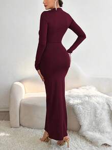 Women Fitted Crew Neck Long Sleeve Ruffle Hem Solid Color Dress, Spring/Autumn