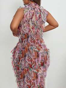 Vestido largo de cintura alta con detalles de flecos a rayas de colores para mujeres, elegante para vacaciones, fiestas y verano en color rosa - Rosa - Ver 2