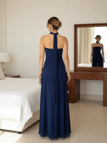 Women's High Slit Solid Color Chiffon Splice Sexy Vacation Casual Elegant Spring/Summer Dress - Navy Blue - View 2