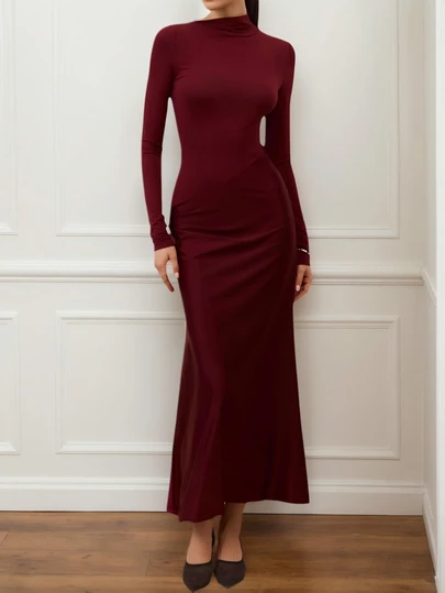 Meidaxexr Women's Long Sleeve Maxi Dress, Solid Color, Elegant, Conservative Knit Fabric With Ruffle Hem, Asymmetric/Irregular, Formal Evening Party, Date Night, Holiday, Single's Party, Travel, Spring/Autumn/Winter