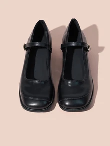 Hatastic Retro Soft Leather Mary Jane Shoes, Chunky Heel, British Style Black Mid-Heel Close Toe Flats Gifts - Black - View 4