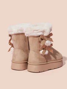 Hatastic 1双女士冬季蝴蝶结魔术贴加厚绒毛中筒雪地靴，时尚甜美风格，绒毛细节设计，保暖舒适，适合日常穿着，也是音乐节的理想礼物。 - 駝色 - 查看 9