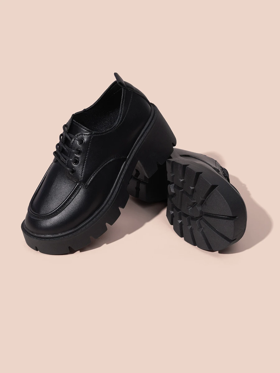 Hatastic Lace-Up Front Platform Oxford Shoes,Women's Fashion Simple And Versatile Comfortable Thick-Soled Buckle Loafers Mary Jane Shoes Gifts Music Fest - Black - View 1