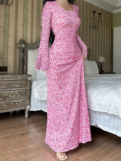 Women's Autumn Outfit, Fashionable U-Neck Tie Back Long Sleeve Flared Dress, Suitable For Commuting, Everyday Wear, Outdoor Activities, Teacher Attire, Back To School Season Pink Vacation Spring Elegant