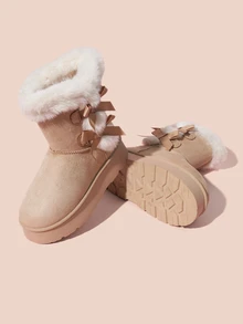 Hatastic 1双女士冬季蝴蝶结魔术贴加厚绒毛中筒雪地靴，时尚甜美风格，绒毛细节设计，保暖舒适，适合日常穿着，也是音乐节的理想礼物。 - 駝色 - 查看 6