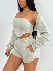 3 件套：露脐短款上衣、休闲开衫和短裤，女性街头运动风格 - 灰色 - 查看 1