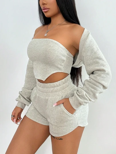 3 件套：露脐短款上衣、休闲开衫和短裤，女性街头运动风格