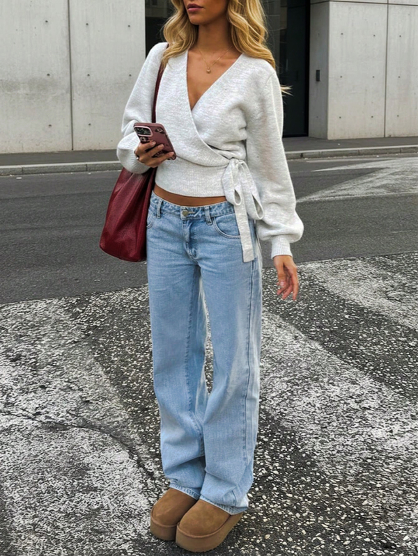 2025 Autumn/Winter Wrap Tie Knit Sweater, White, Women's Essential For Home, Commute, Date, Travel, Suitable For Various Occasions, Light Gray