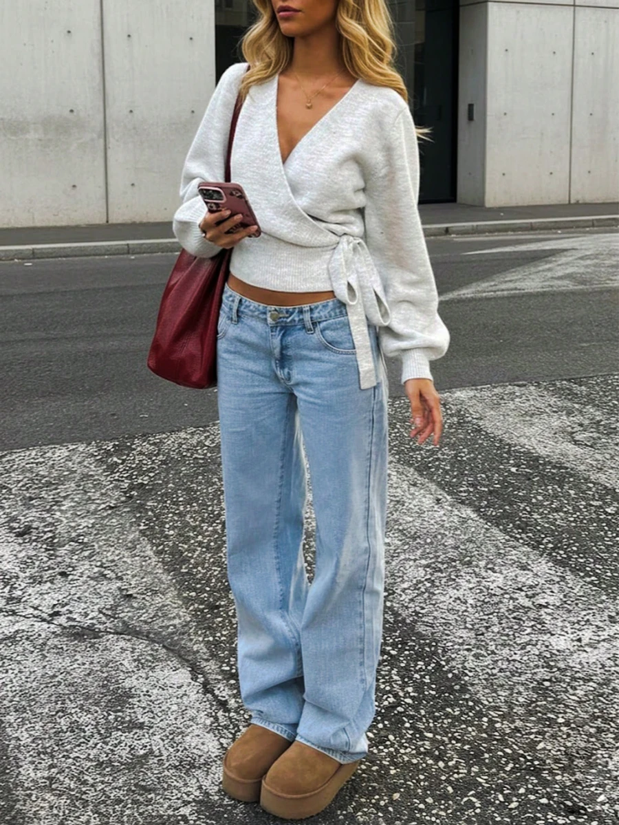 2025 Autumn/Winter Wrap Tie Knit Sweater, White, Women's Essential For Home, Commute, Date, Travel, Suitable For Various Occasions, Light Gray