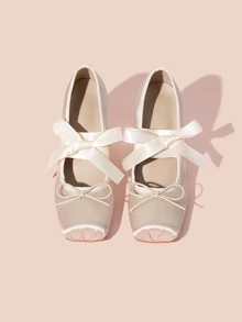 Hatastic 洛丽塔芭蕾舞风格方头高跟鞋，交叉绑带玛丽珍法式缎面蝴蝶结纯色时尚Y2K PU皮革户外鞋，适合所有季节，音乐节礼物 - 杏色 - 查看 3