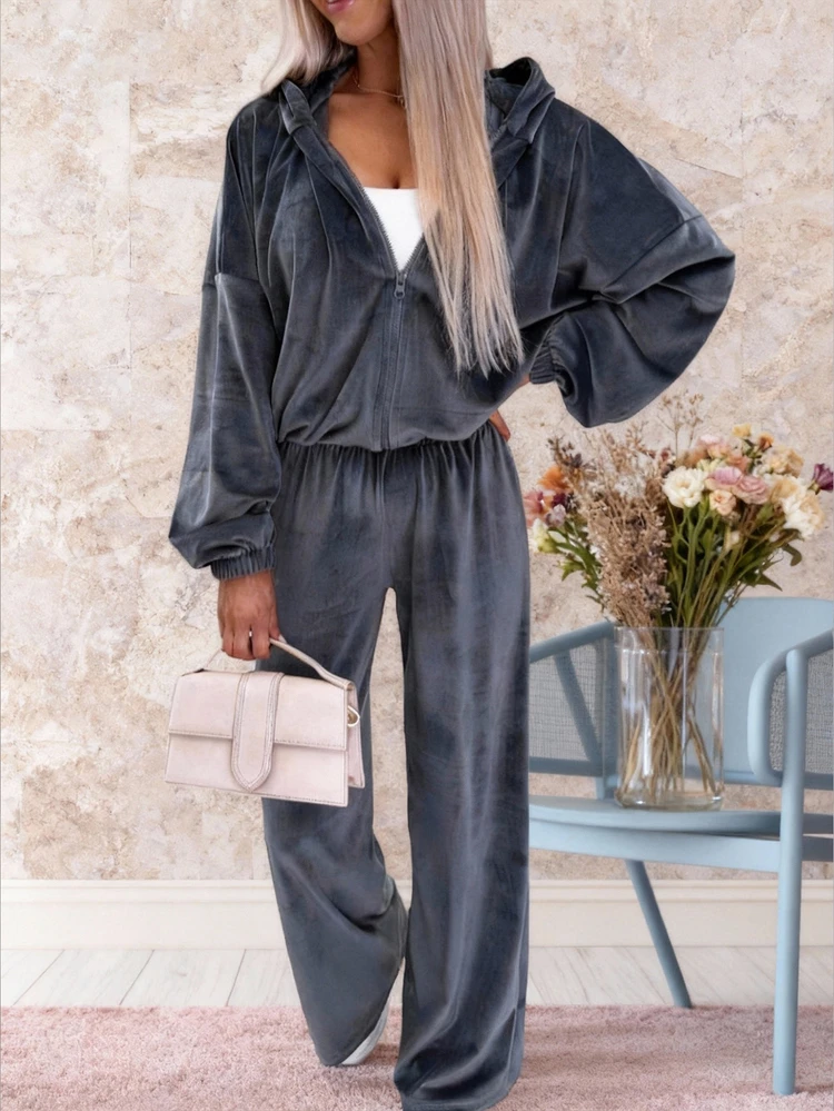 Women's New Velvet 2 Pieces Set, Including Hooded Zip-Up Sweatshirt And Loose Pants, Business Casual Suit For Ladies Spring - Dark Grey - View 1