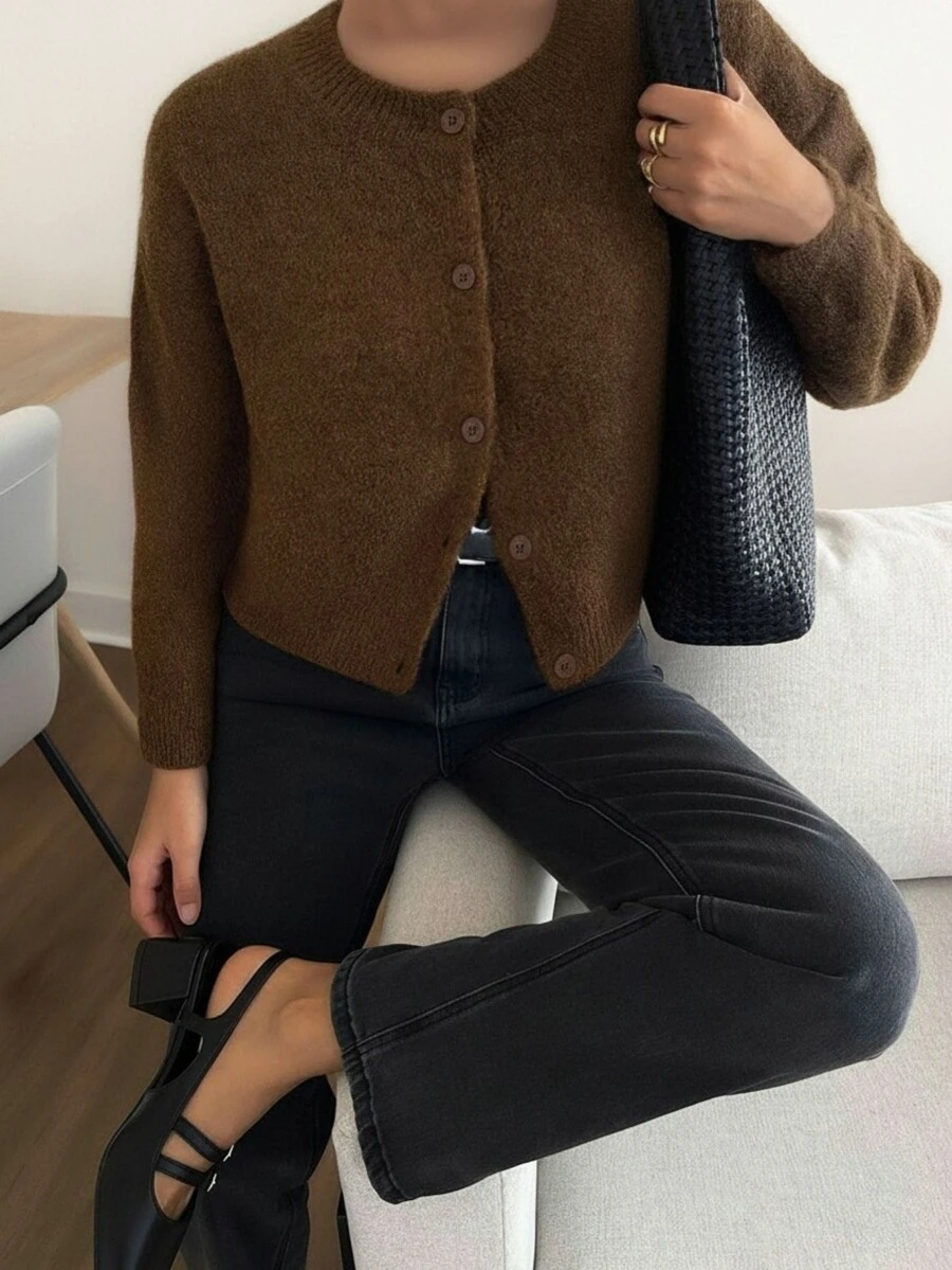 Knit Mix 优雅女士法式宽松针织开衫，适合圣诞节、感恩节、新年等节日，时尚长袖圆领纯色休闲开衫，秋冬季穿着。 - 黃花杏 - 查看 1