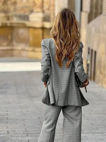 女士春秋季薄款格子套装，定制外套和阔腿裤，优雅时尚两件套办公服饰