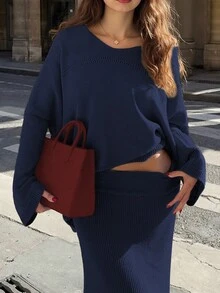 優雅女款秋冬時尚休閒日常寬鬆針織V領長袖上衣與裙子套裝 毛衣兩件套 - 寶藍 - 查看 3